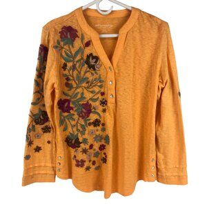 Soft Surroundings Embroidered Floral Orange Long Sleeve Top, Size XS